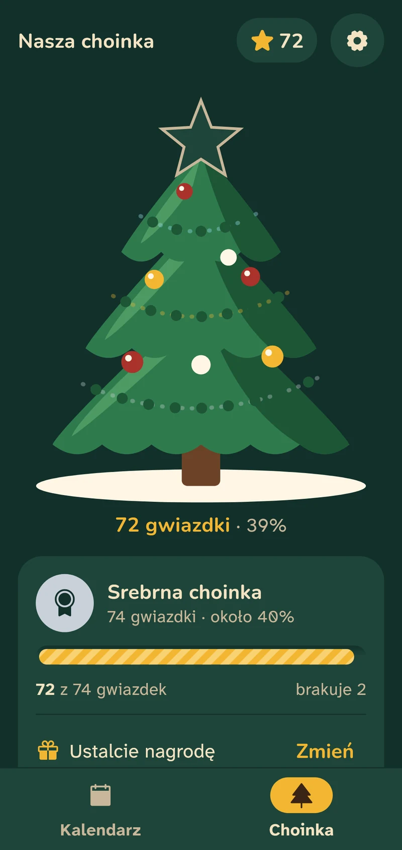 Choinka rodziny z liczbą zebranych gwiazdek i postępem do srebrnej choinki